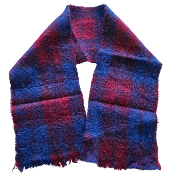 Plaid Royal Blue & Fuchsia Irish Mohair Scarf | SZ 57" - Picture 2 of 6